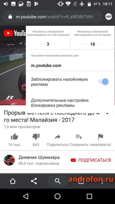 Статистика заблокированной рекламы в мобильном браузере Adblock.