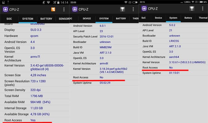Разрешение права Root при просмотре через программу CPU-Z.
