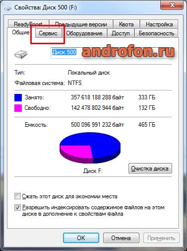 Вкладка "Сервис".