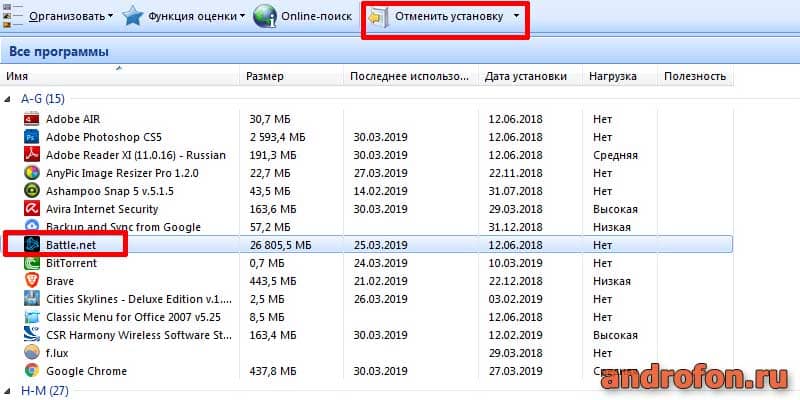 Удаление программы.