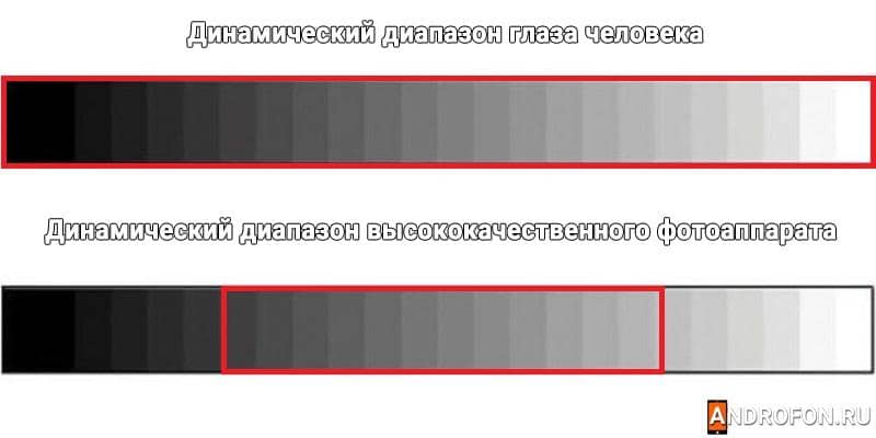 Сравнение ширины спектра глаза человека и высококачественного фотоаппарата.