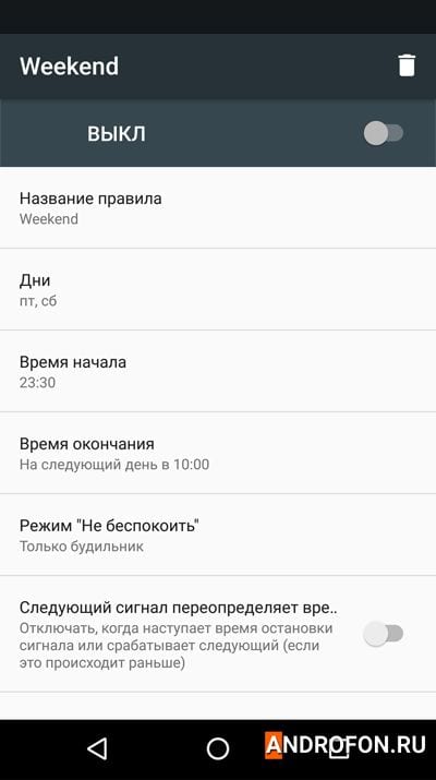 Настройки блокировки звонков в заданное время.