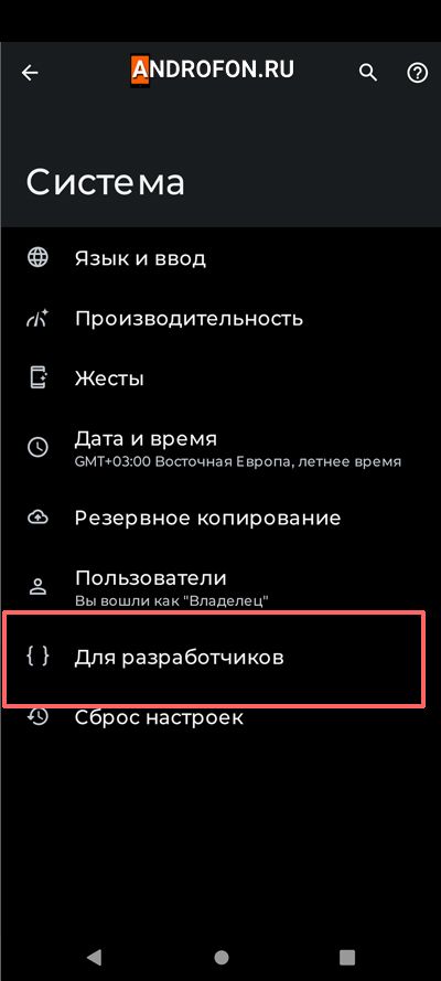пункт Для разработчиков